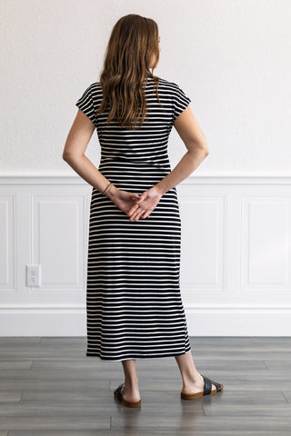 Striped Side Tie Midi Dress in Black