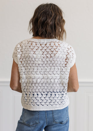 Crochet Knit Short Sleeve Crop Top in White