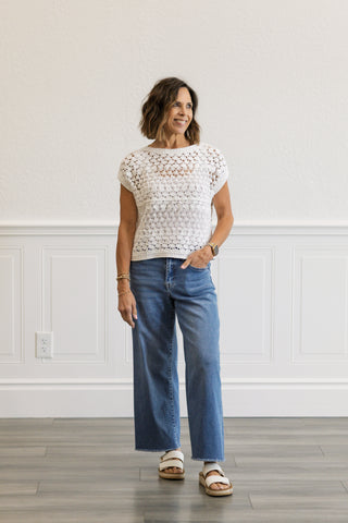Crochet Knit Short Sleeve Crop Top in White