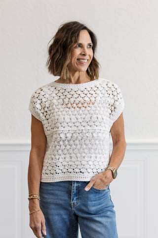 Crochet Knit Short Sleeve Crop Top in White
