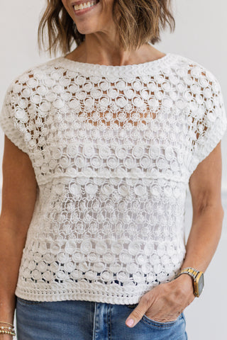Crochet Knit Short Sleeve Crop Top in White