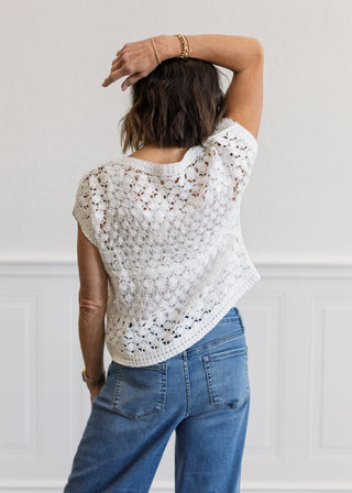 Crochet Knit Short Sleeve Crop Top in White