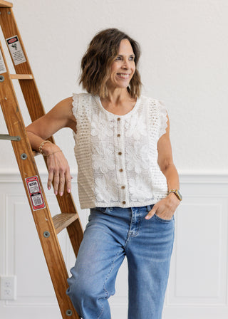 Crochet Eyelet Ruffle Trim Top in White
