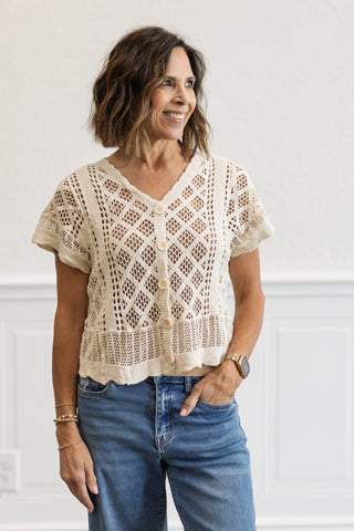 Crochet Lace Button Front Crop Top in Beige