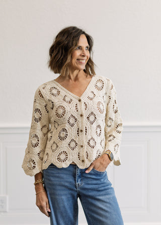 Crochet 3/4 Sleeve Button Down Top