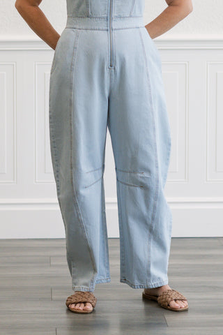 Sleeveless Zip Front Barrel Denim Jumpsuit