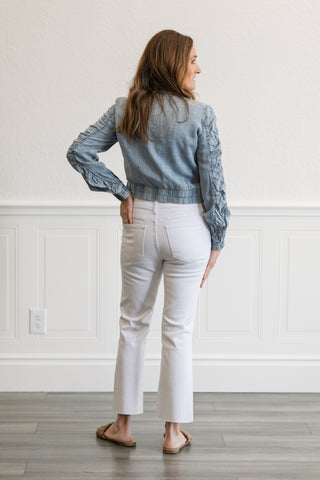 Tencel Gathered Sleeve Bomber Jacket in Washed Denim