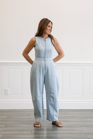 Sleeveless Zip Front Barrel Denim Jumpsuit