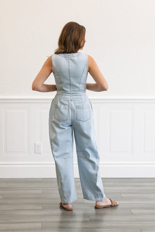 Sleeveless Zip Front Barrel Denim Jumpsuit