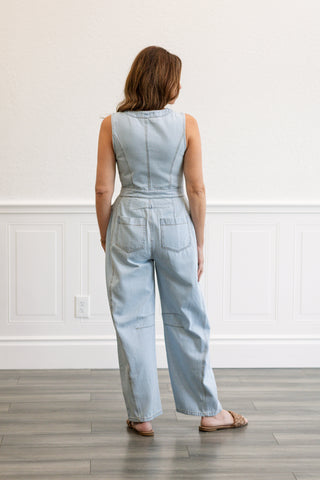 Sleeveless Zip Front Barrel Denim Jumpsuit