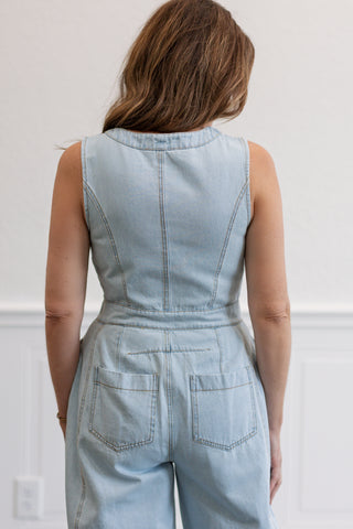 Sleeveless Zip Front Barrel Denim Jumpsuit