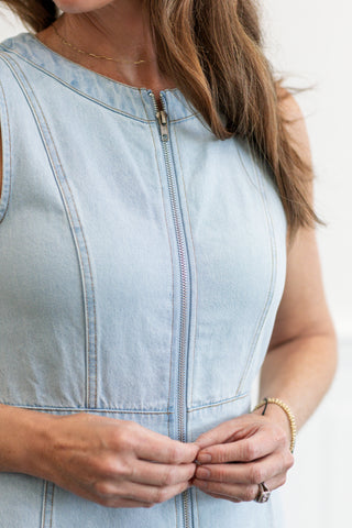 Sleeveless Zip Front Barrel Denim Jumpsuit