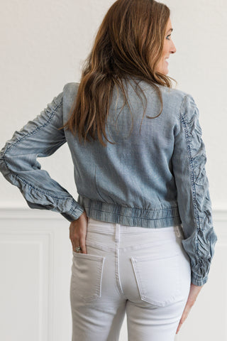 Tencel Gathered Sleeve Bomber Jacket in Washed Denim