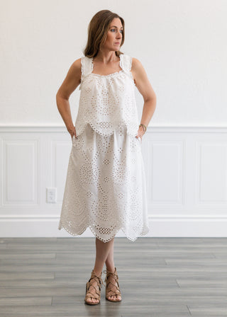 scalloped eyelet midi dress Polka Dot Print Midi Dress in Black Cream