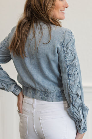 Tencel Gathered Sleeve Bomber Jacket in Washed Denim