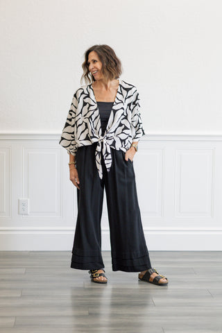 Tropical Kimono Tie Top in Black & White