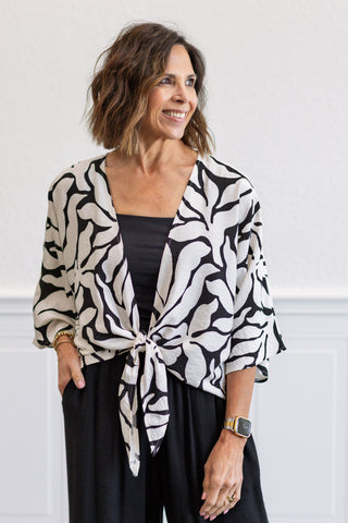 Tropical Kimono Tie Top in Black & White