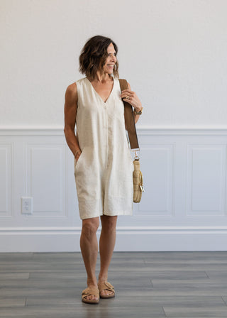 Button Front V-Neck Shorts Jumpsuit