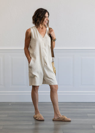 Button Front V-Neck Shorts Jumpsuit