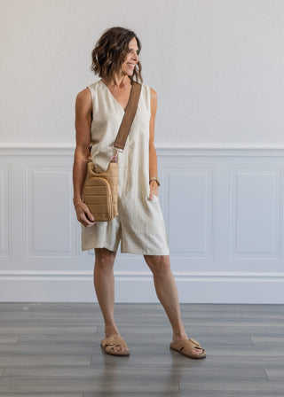 Button Front V-Neck Shorts Jumpsuit