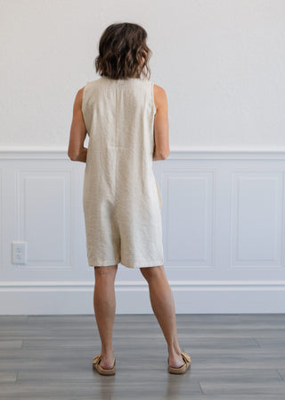 Button Front V-Neck Shorts Jumpsuit