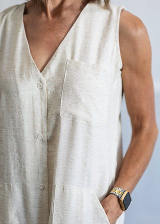 Button Front V-Neck Shorts Jumpsuit