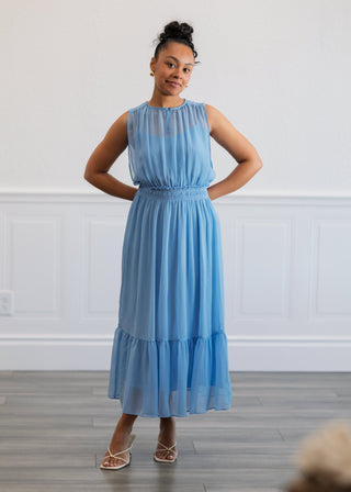 Sheer Gathered Midi Dress in Blue