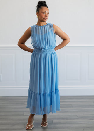 Sheer Gathered Midi Dress in Blue
