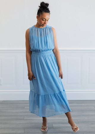 Sheer Gathered Midi Dress in Blue