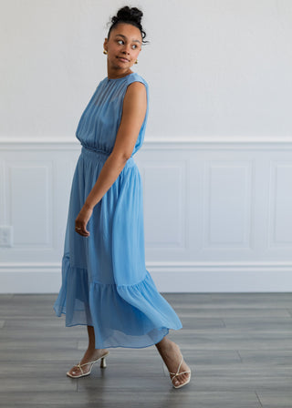 Sheer Gathered Midi Dress in Blue