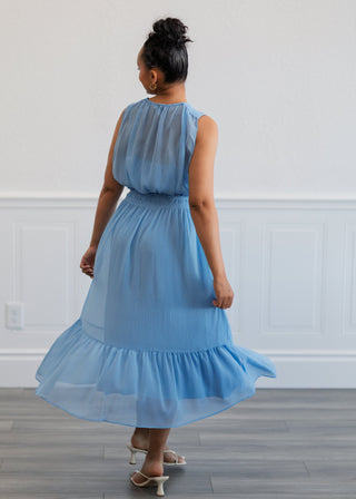 Sheer Gathered Midi Dress in Blue