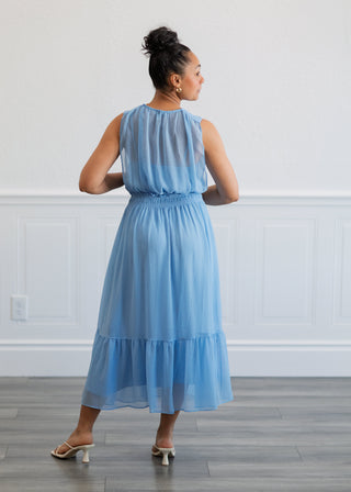 Sheer Gathered Midi Dress in Blue