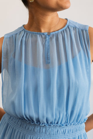 Sheer Gathered Midi Dress in Blue