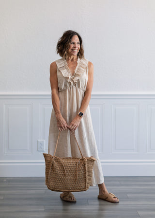 Ruffle Sleeveless Linen Midi Dress in Beige