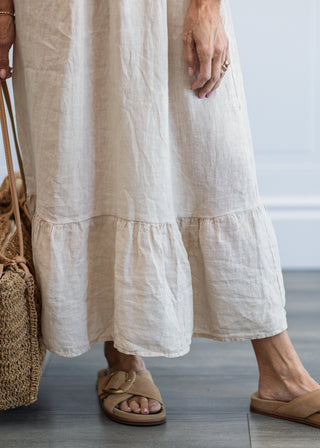 Ruffle Sleeveless Linen Midi Dress in Beige