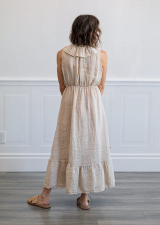 Ruffle Sleeveless Linen Midi Dress in Beige