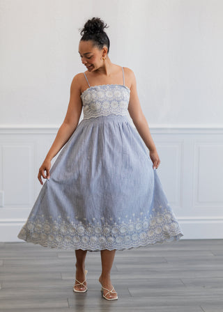 Pinstripe Midi Dress in Light Blue