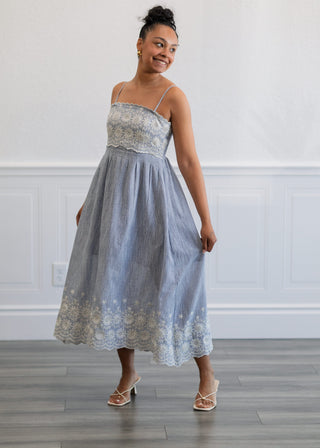 Pinstripe Midi Dress in Light Blue