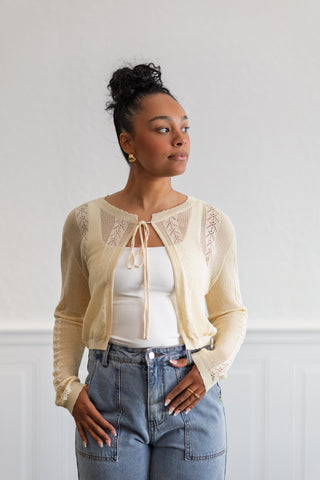 Pointelle Apricot Tie-Front Cardigan