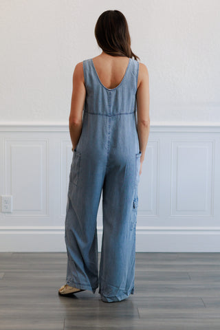 Wide Leg Tencel Cargo Jumpsuit