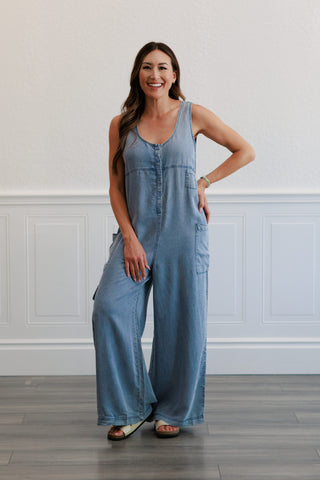Wide Leg Tencel Cargo Jumpsuit