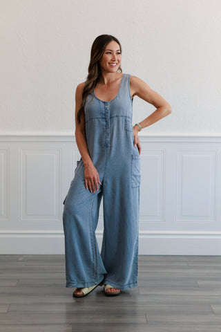 Wide Leg Tencel Cargo Jumpsuit