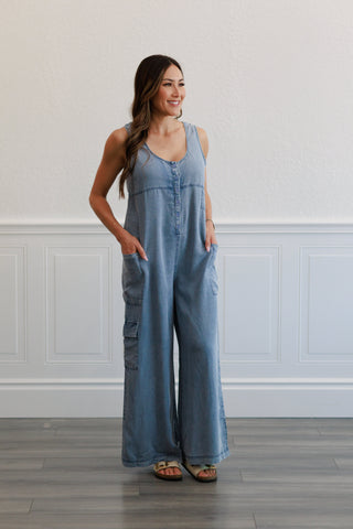 Wide Leg Tencel Cargo Jumpsuit