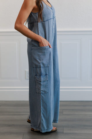 Wide Leg Tencel Cargo Jumpsuit