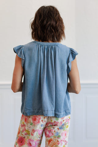 Sleeveless Light Denim Ruffle Blouse