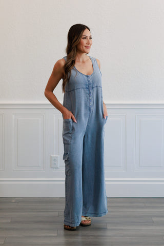 Wide Leg Tencel Cargo Jumpsuit