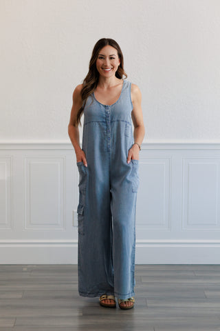 Wide Leg Tencel Cargo Jumpsuit