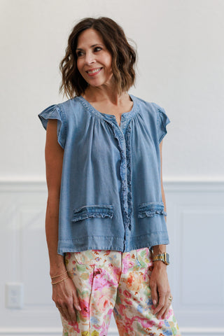 Sleeveless Light Denim Ruffle Blouse