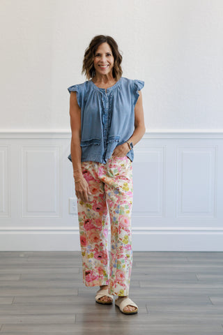 Sleeveless Light Denim Ruffle Blouse