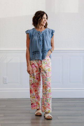Sleeveless Light Denim Ruffle Blouse